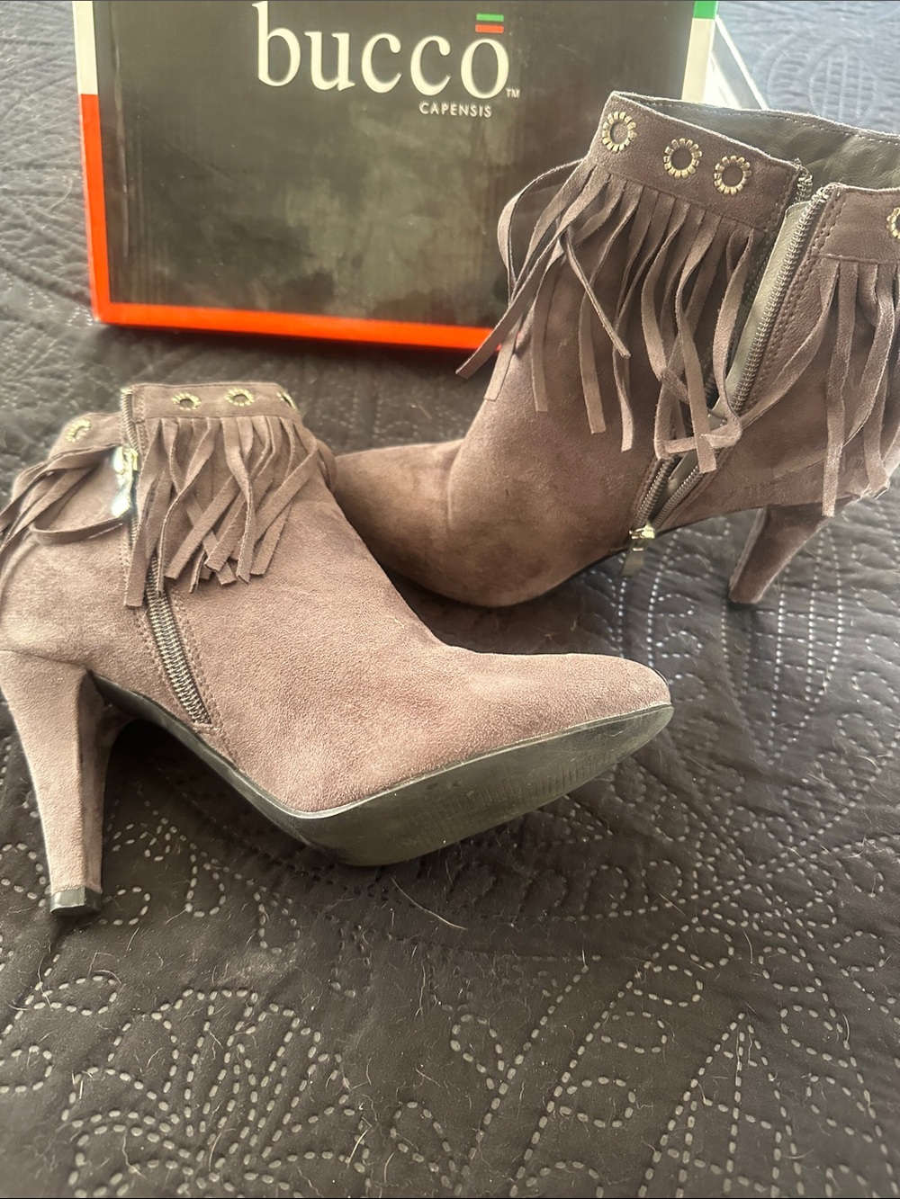 bucco Brown Suede Fringe Ankle Booties with Eyelet Detail